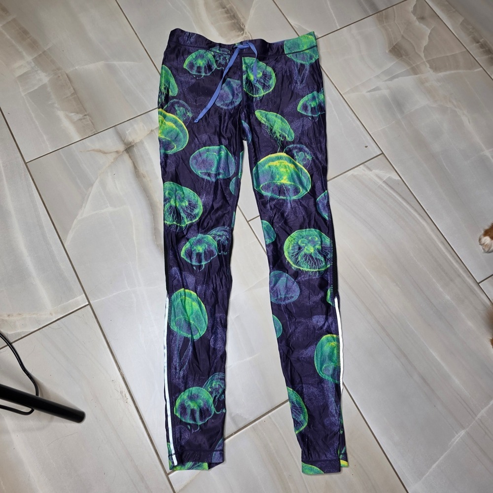 Roxy Womens‎ Jellyfish Print Activewear Leggings Purple Green Mesh Panels Zipper